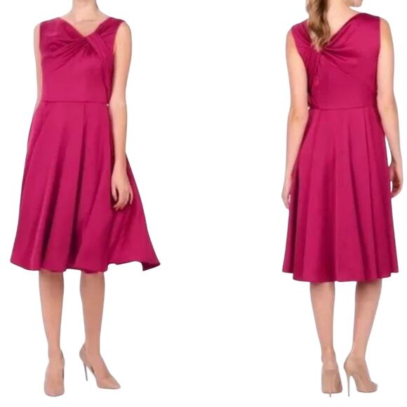 New Gal Meets Glam Noel Midi Sleeveless Dress Berry Twisted Bow Details Satin 6P - Picture 1 of 16